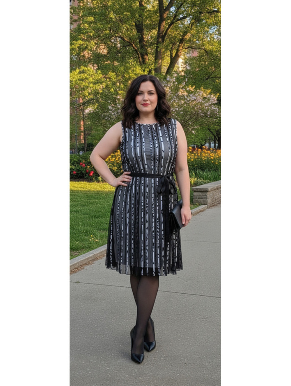 Dressbarn Woman Collection Black and White Sheer Overlay Dress with Belt Size 22
